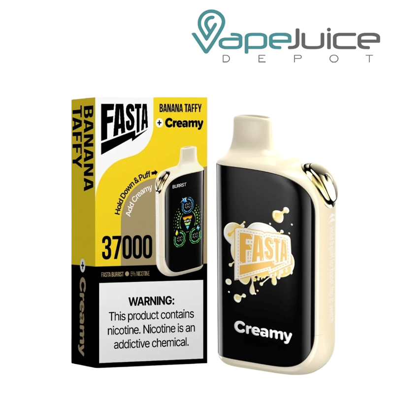 A Box of Banana Taffy Fasta Burrst V2 37K Disposable with a warning sign and a device with a digital screen next to it - Vape Juice Depot