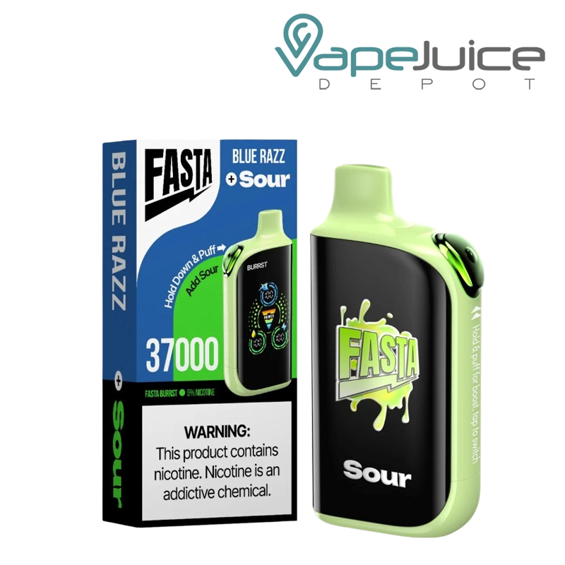 A Box of Blue Razz Fasta Burrst V2 37K Disposable with a warning sign and a device with digital screen next to it - Vape Juice Depot