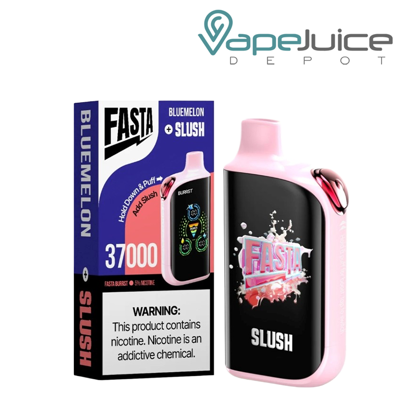 A Box of Bluemelon Fasta Burrst V2 37K Disposable with a warning sign and a device with a digital screen next to it - Vape Juice Depot