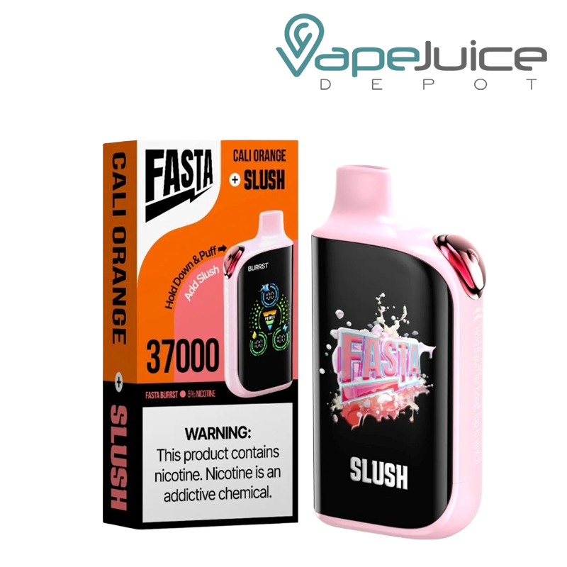 A Box of Cali Orange Fasta Burrst V2 37K Disposable with a warning sign and a device with a digital screen next to it - Vape Juice Depot