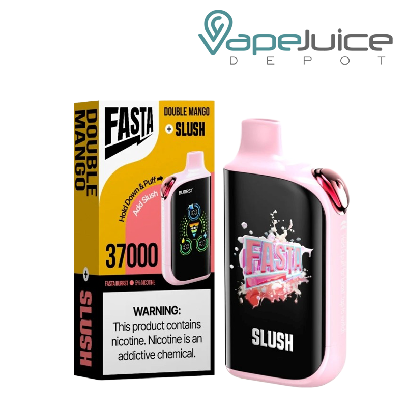 A Box of Double Mango Fasta Burrst V2 37K Disposable with a warning sign and a device with a digital screen next to it - Vape Juice Depot