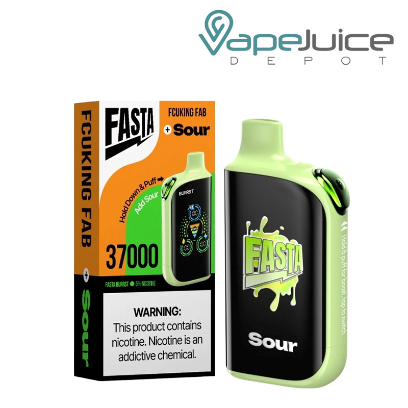A Box of Fcuking Fab Fasta Burrst V2 37K Disposable with a warning sign and a device with a digital screen next to it - Vape Juice Depot
