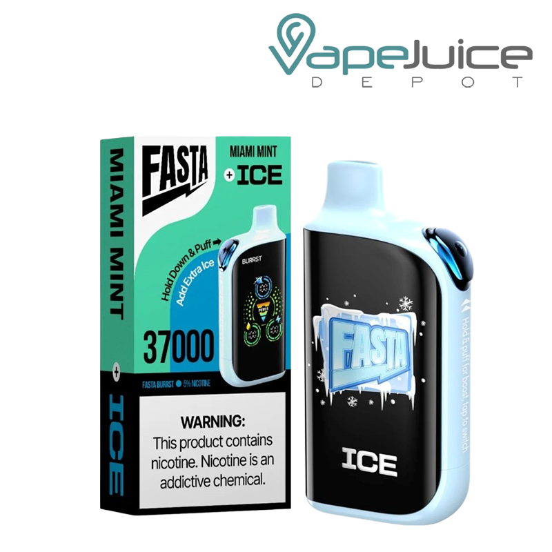 A Box of Miami Mint Fasta Burrst V2 37K Disposable with a warning sign and a device with a digital screen next to it - Vape Juice Depot