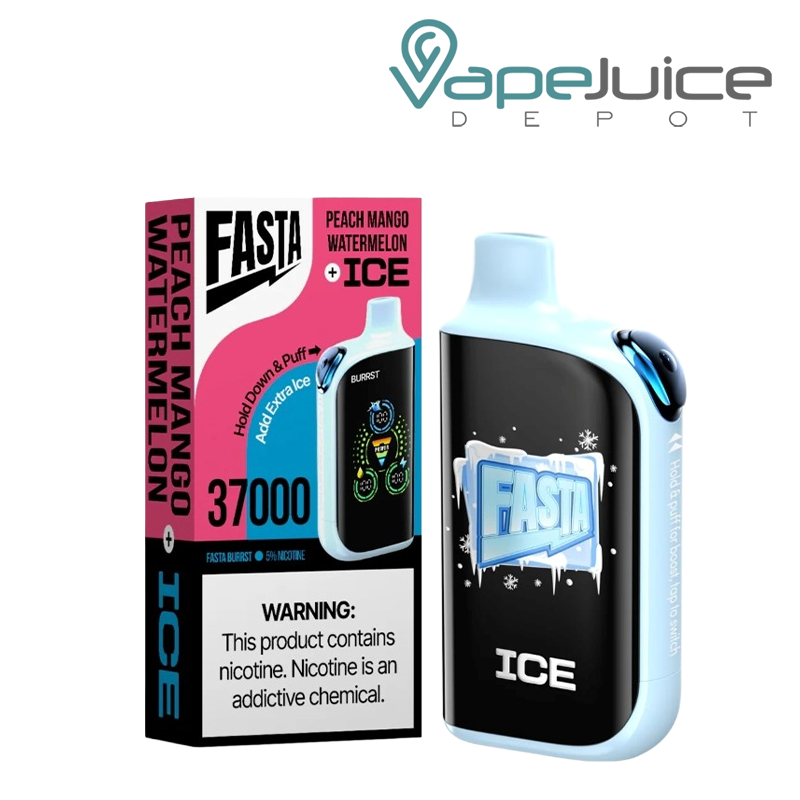 A Box of Peach Mango Watermelon Ice Fasta Burrst V2 37K Disposable with a warning sign and a device with a digital screen next to it - Vape Juice Depot