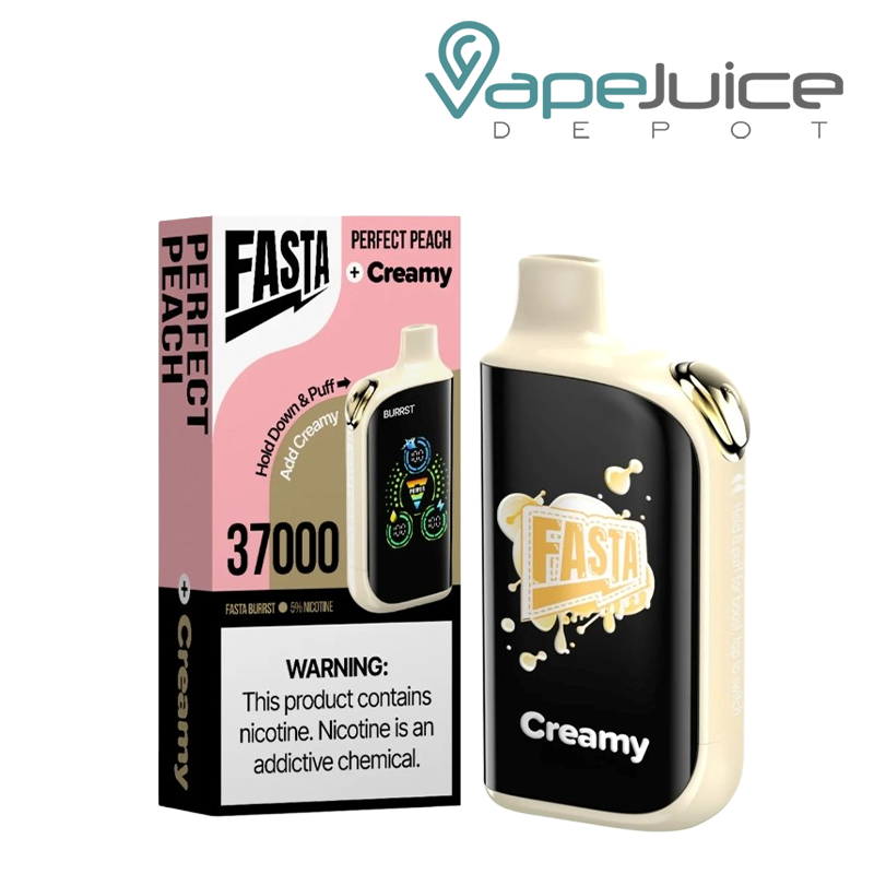 A Box of Perfect Peach Fasta Burrst V2 37K Disposable with a warning sign and a device with a digital screen next to it - Vape Juice Depot