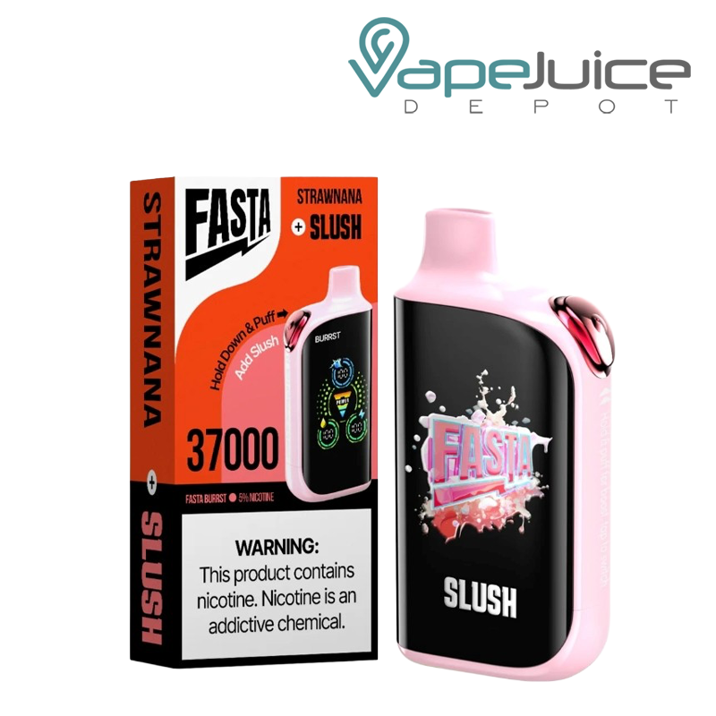 A Box of Strawnana Fasta Burrst V2 37K Disposable with a warning sign and a device with a digital screen next to it - Vape Juice Depot