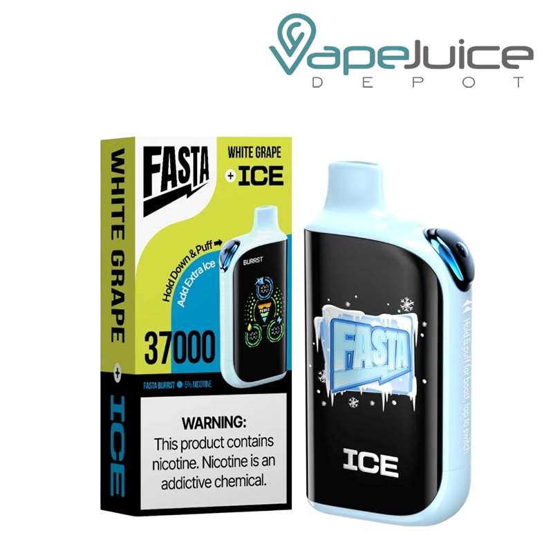 A Box of White Grape Ice Fasta Burrst V2 37K Disposable with a warning sign and a device with a digital screen next to it - Vape Juice Depot
