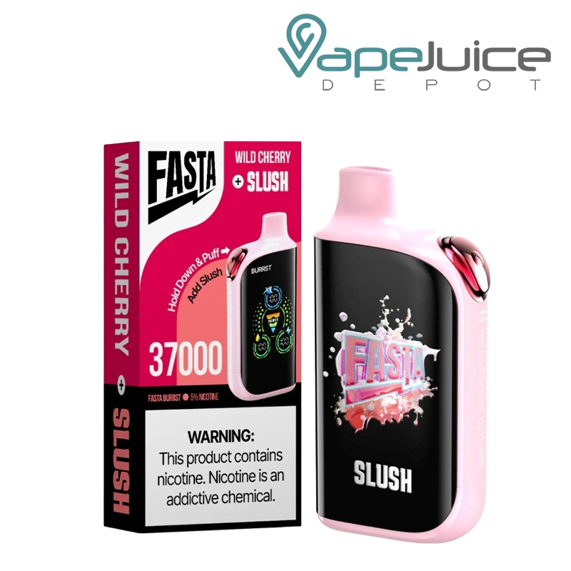 A Box of Wild Cherry Fasta Burrst V2 37K Disposable with a warning sign and a device with a digital screen next to it - Vape Juice Depot