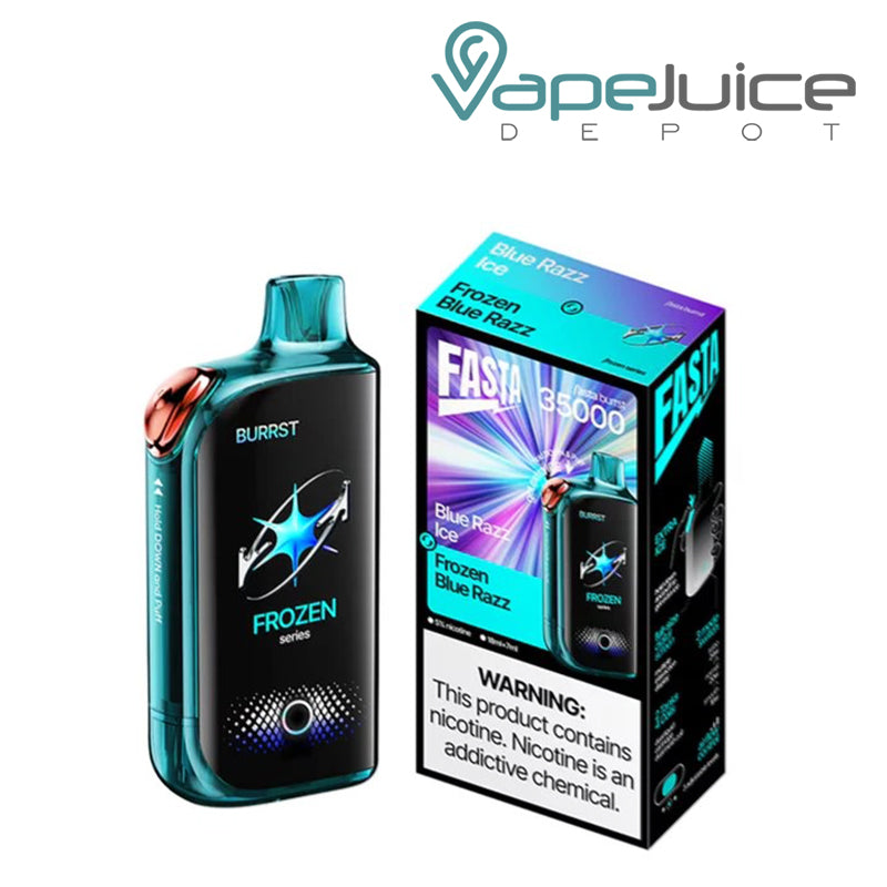 A Blue Razz Ice Fasta Burrst 35000 Disposable with Full Smart Screen and a box with a warning sign next to it - Vape Juice Depot