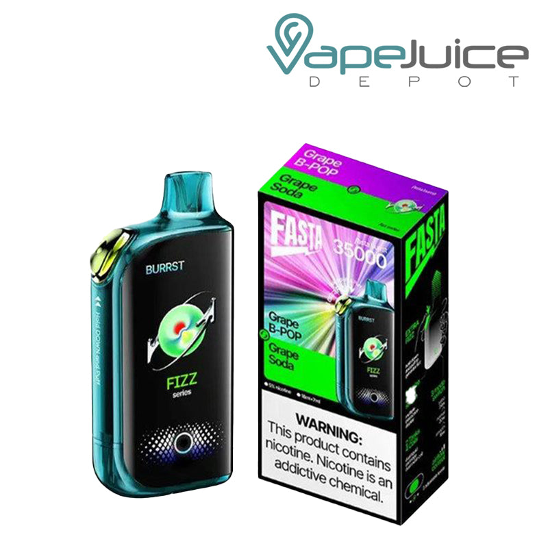 A Grape B-Pop Fasta Burrst 35000 Disposable with Full Smart Screen and a box with a warning sign next to it - Vape Juice Depot