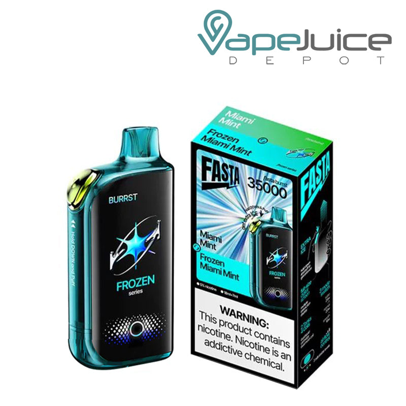 A Miami Mint Fasta Burrst 35000 Disposable with Full Smart Screen and a box with a warning sign next to it - Vape Juice Depot