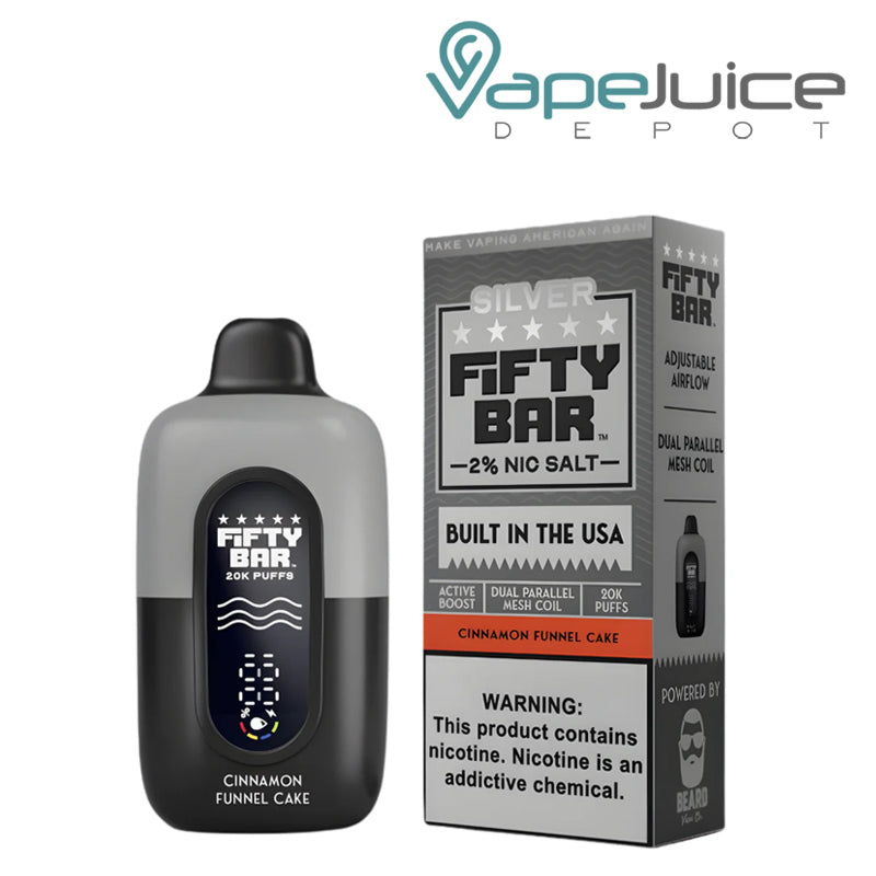 A Fifty Bar V2 20k 20mg Nicotine Disposable Cinnamon Funnel Cake and a box with a warning sign next to it - Vape Juice Depot