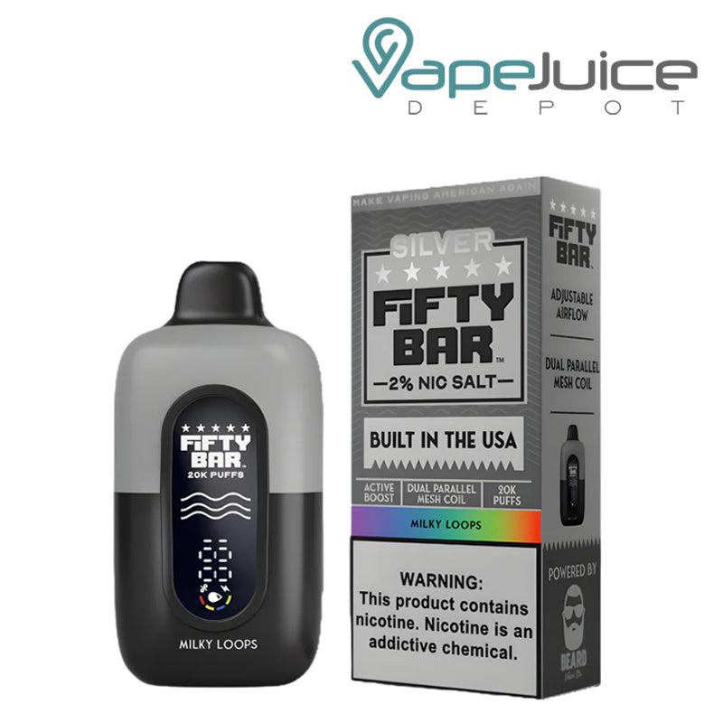 A Fifty Bar V2 20k 20mg Nicotine Disposable Milky Loops and a box with a warning sign next to it - Vape Juice Depot
