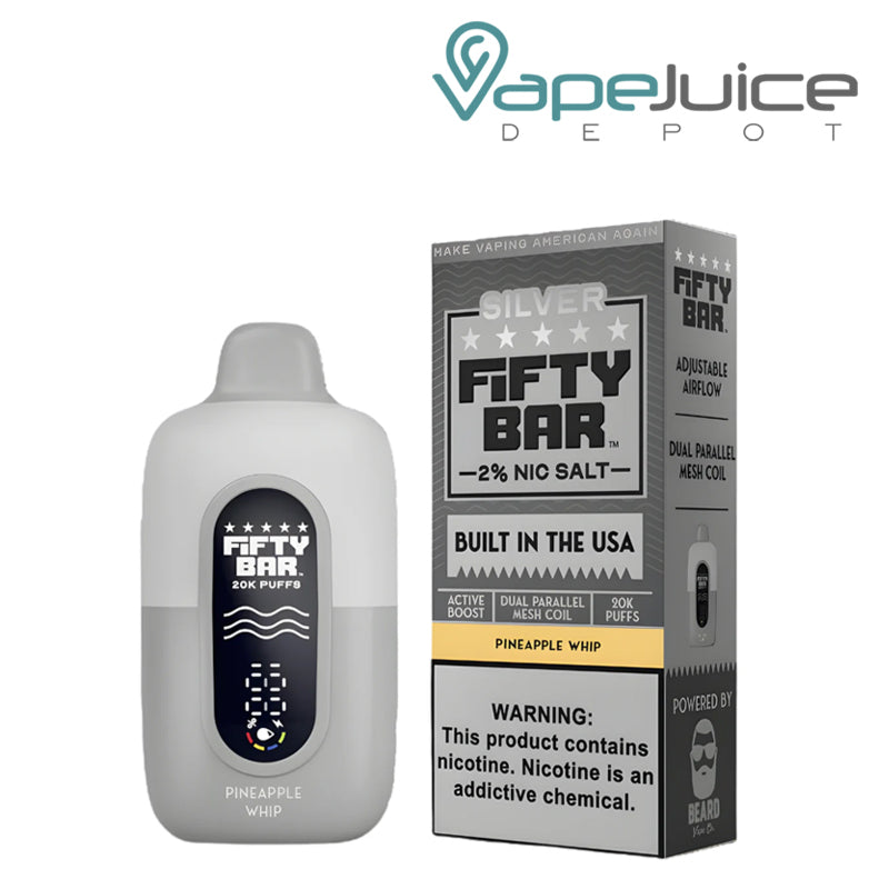 A Fifty Bar V2 20k 20mg Nicotine Disposable Pineapple Whip and a box with a warning sign next to it - Vape Juice Depot