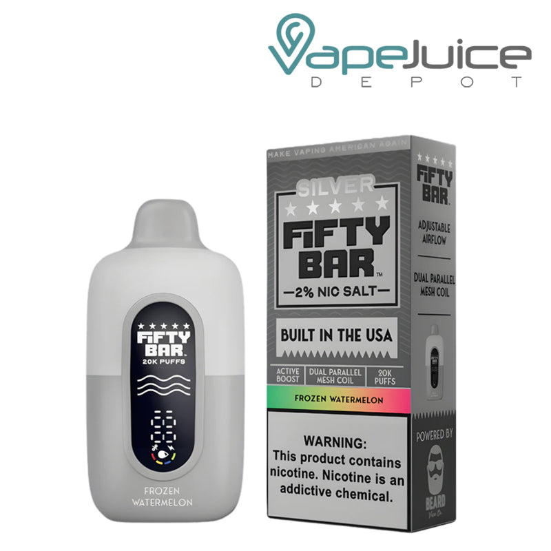 A Fifty Bar V2 20k 20mg Nicotine Disposable Frozen Watermelon and a box with a warning sign next to it - Vape Juice Depot