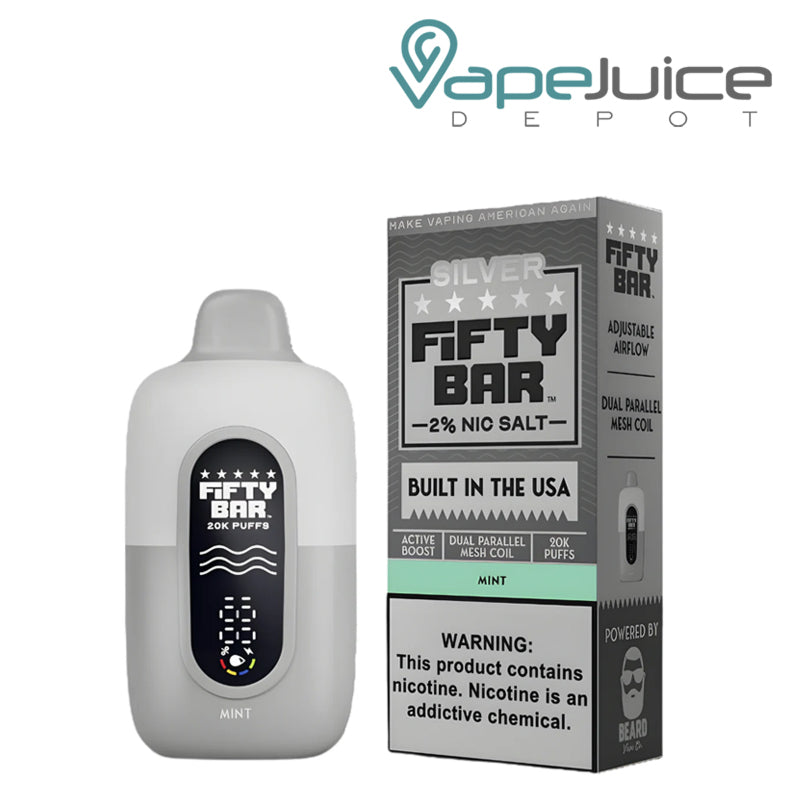 A Fifty Bar V2 20k 20mg Nicotine Disposable Mint and a box with a warning sign next to it - Vape Juice Depot