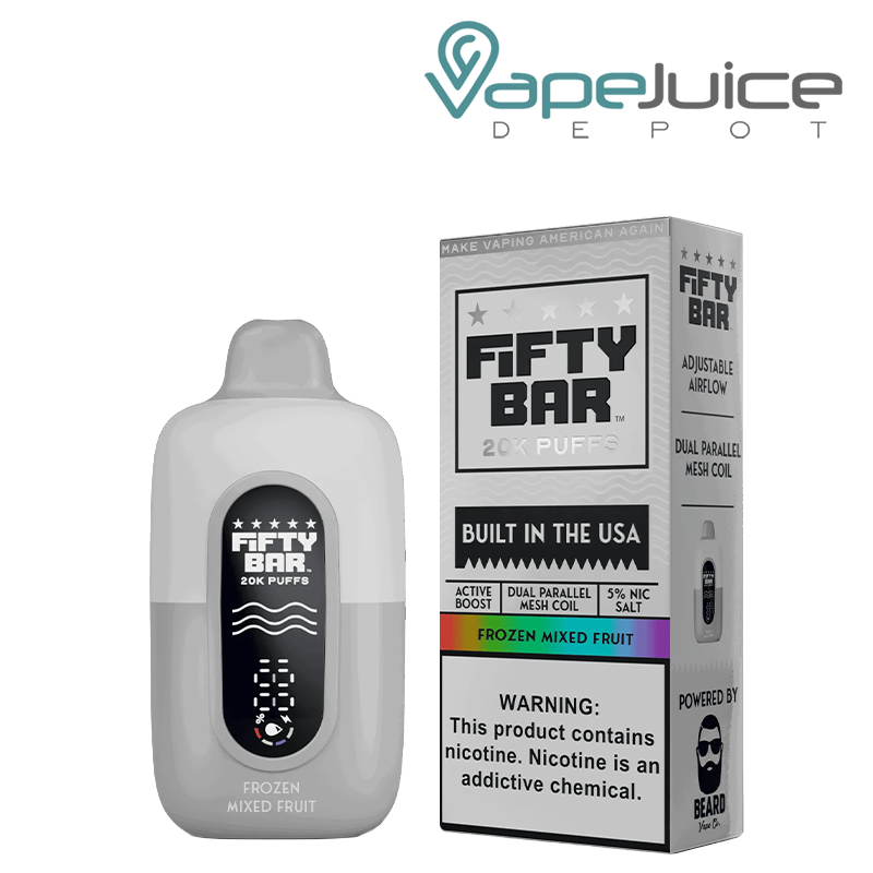 A Frozen Mixed fruit  Fifty Bar V2 20k Disposable and a box with a warning sign next to it - Vape Juice Depot
