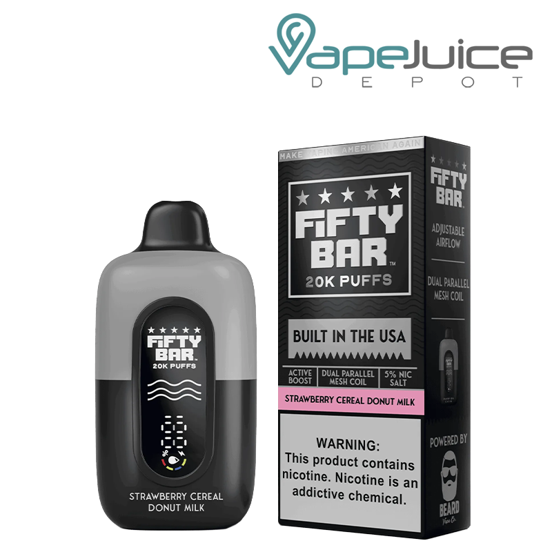 A Strawberry Ceral Donut Milk Fifty Bar V2 20k Disposable and a box with a warning sign next to it - Vape Juice Depot