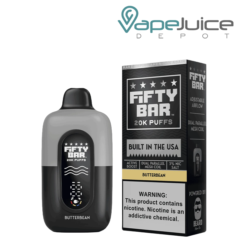 A Butterbean Fifty Bar V2 20k Disposable and a box with a warning sign next to it - Vape Juice Depot