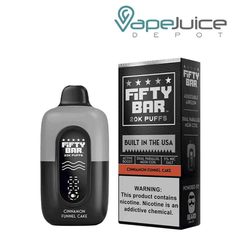 A  Cinnamon Funnel Cake Fifty Bar V2 20k Disposable and a box with a warning sign next to it - Vape Juice Depot