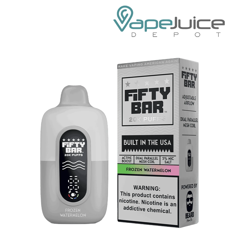 A Frozen Watermelon Fifty Bar V2 20k Disposable and a box with a warning sign next to it - Vape Juice Depot
