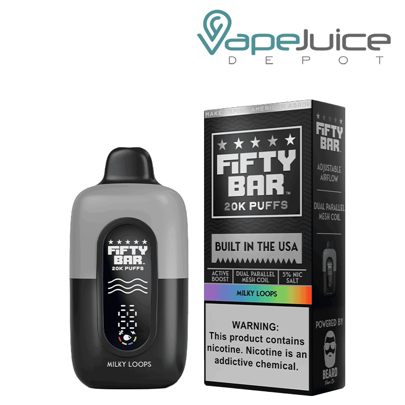 A Milky Loops Fifty Bar V2 20k Disposable and a box with a warning sign next to it - Vape Juice Depot