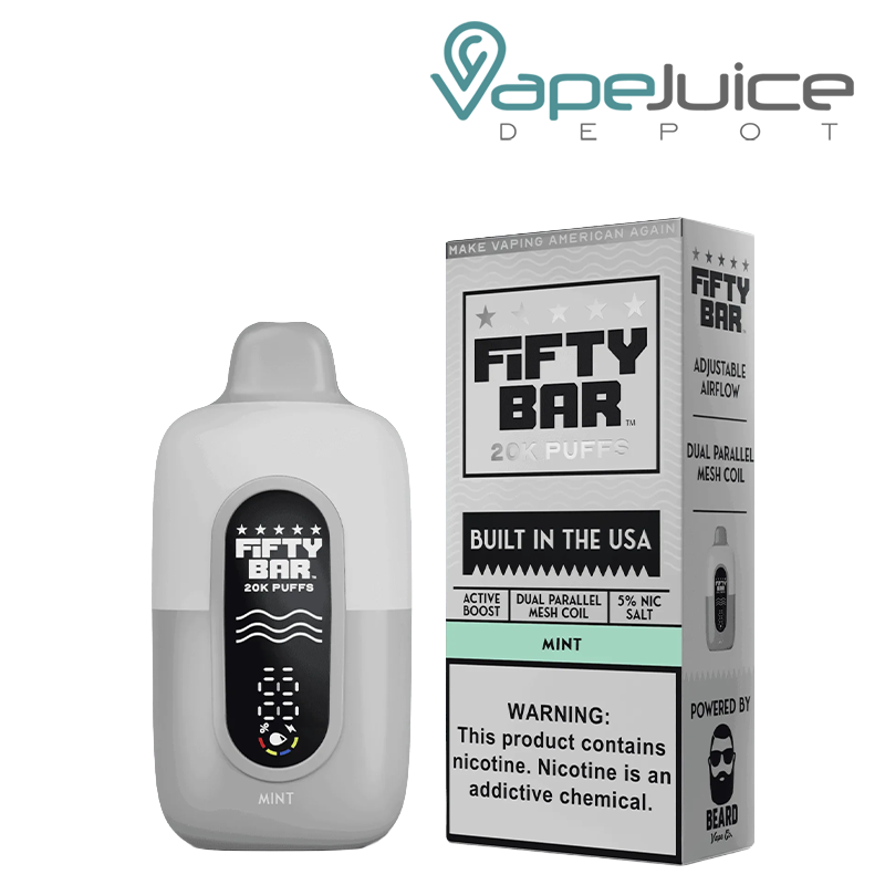 A Mint Fifty Bar V2 20k Disposable and a box with a warning sign next to it - Vape Juice Depot