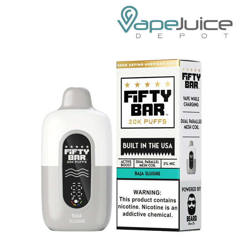 A Baja Slushie Fifty Bar V2 20k Disposable and a box with a warning sign next to it - Vape Juice Depot