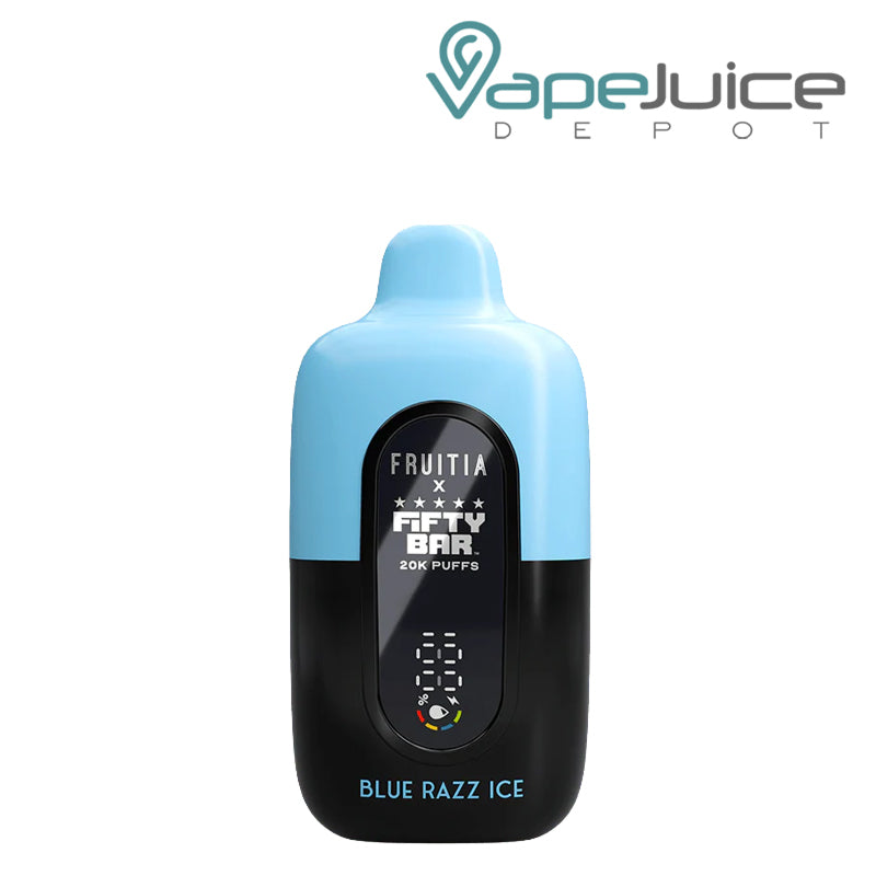 Blue Razz Ice Fifty Bar X Fruitia 20K Disposable with its smart screen visible - Vape Juice Depot