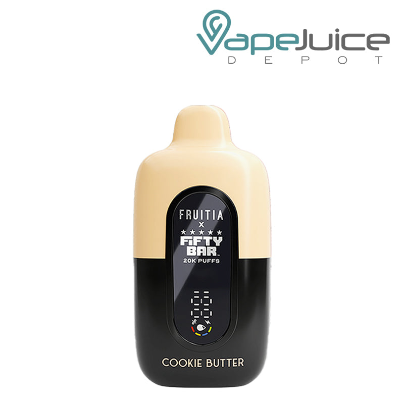 Cookie Butter Fifty Bar X Fruitia 20K Disposable with its smart screen visible - Vape Jucie Depot