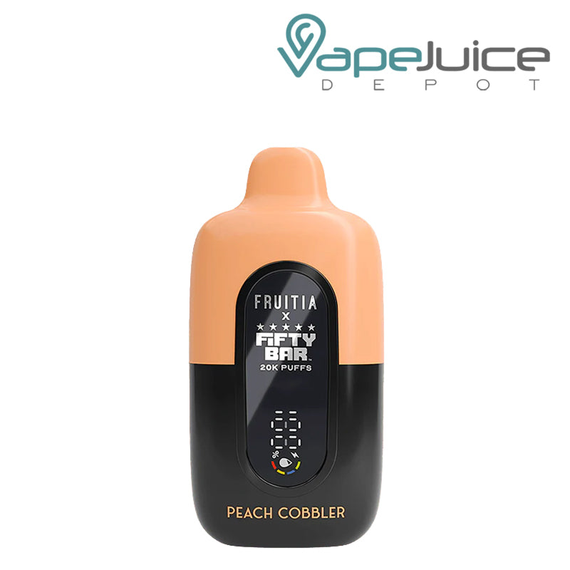 Peach Cobbler Fifty Bar X Fruitia 20K Disposable with its smart screen visible - Vape Juice Depot