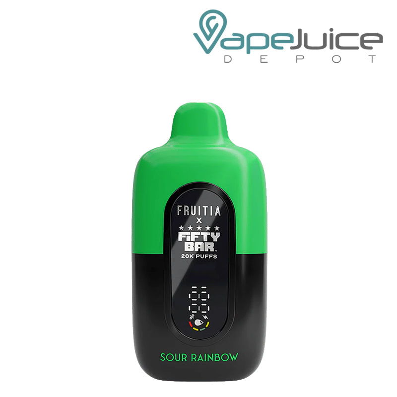 Sour Rainbow Fifty Bar X Fruitia 20K Disposable with its smart screen visible - Vape Juice Depot