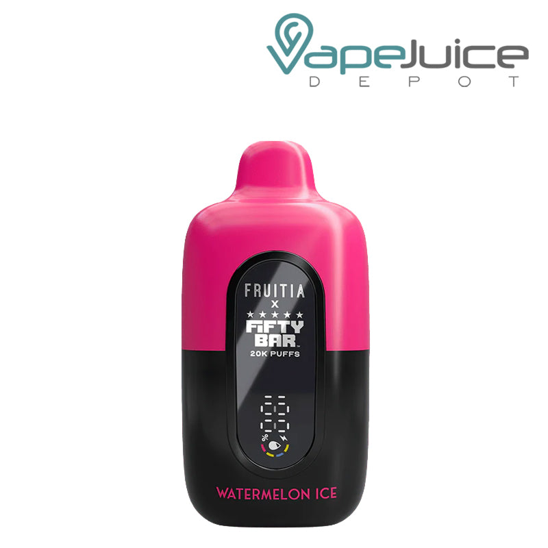 Watermelon Ice Fifty Bar X Fruitia 20K Disposable with its smart screen visible - Vape Juice Depot
