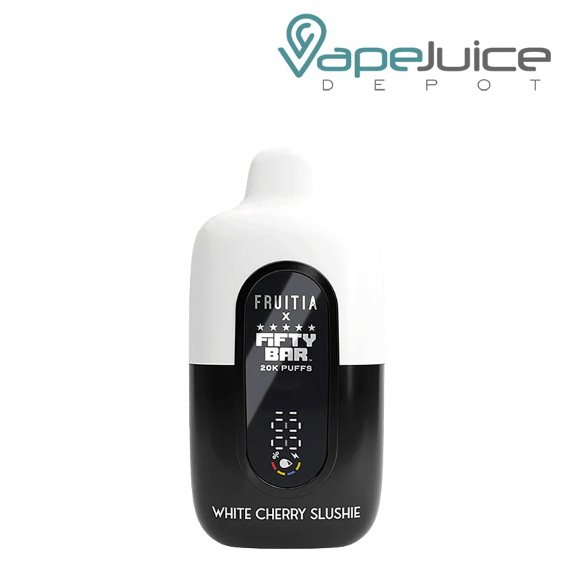 White Cherry Slushie Fifty Bar X Fruitia 20K Disposable with its smart screen visible - Vape Juice Depot