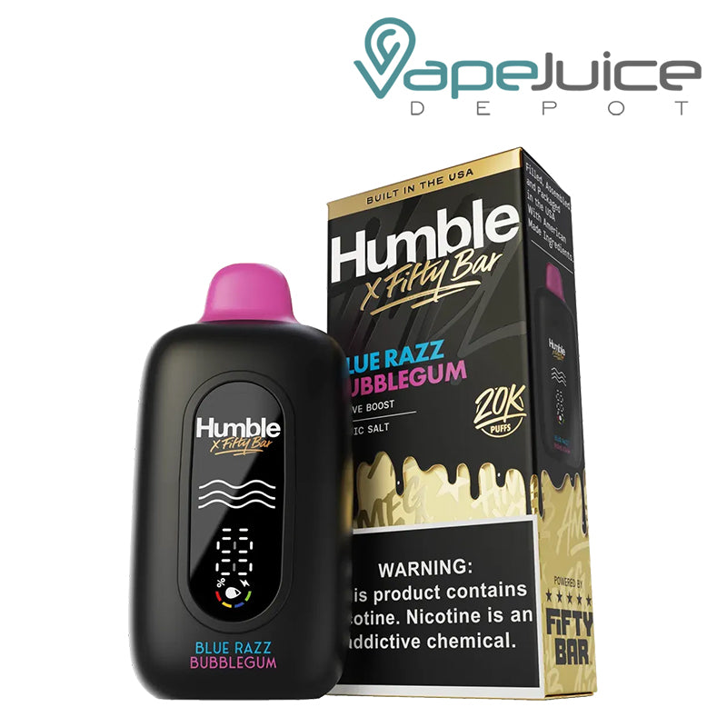 A Blue Razz Bubblegum Fifty Bar X Humble 20K Disposable with an LED screen and a box with a warning sign next to it - Vape Juice Depot 