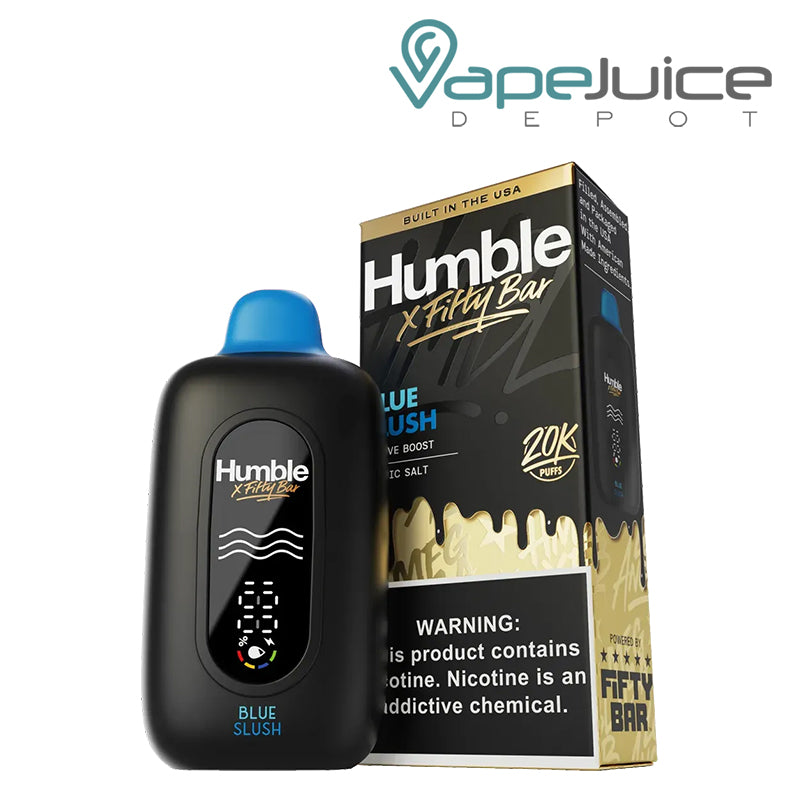 A Blue Slush Fifty Bar X Humble 20K Disposable with an LED screen and a box with a warning sign next to it - Vape Juice Depot 