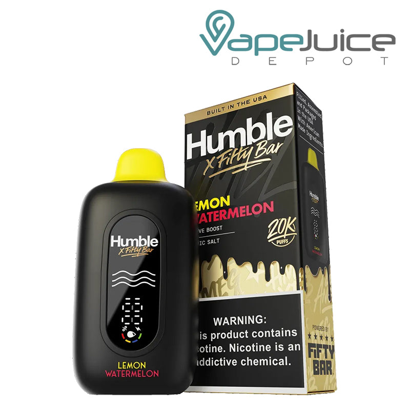 A Lemon Watermelon Fifty Bar X Humble 20K Disposable with an LED screen and a box with a warning sign next to it - Vape Juice Depot 
