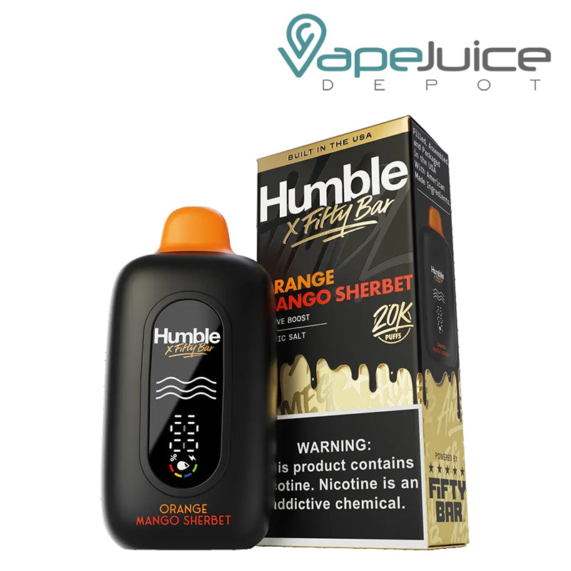 A Orange Mango Sherbet Fifty Bar X Humble 20K Disposable with an LED screen and a box with a warning sign next to it - Vape Juice Depot 