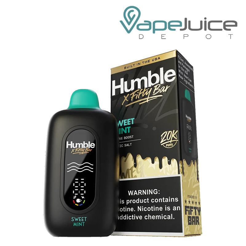 A Sweet Mint Fifty Bar X Humble 20K Disposable with an LED screen and a box with a warning sign next to it - Vape Juice Depot 