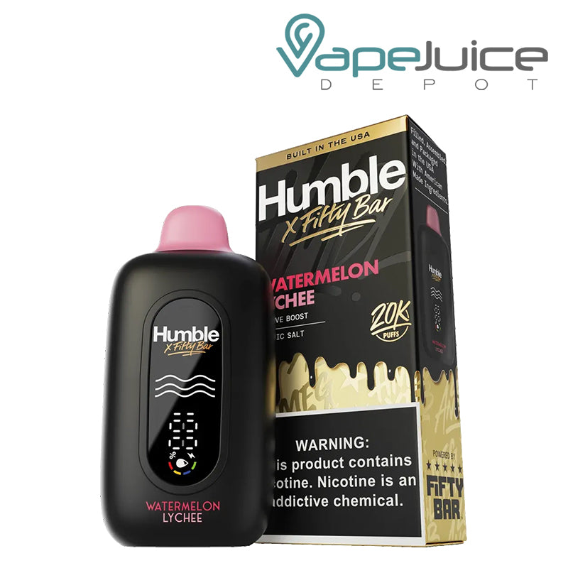 A Watermelon Lychee Fifty Bar X Humble 20K Disposable with an LED screen and a box with a warning sign next to it - Vape Juice Depot 