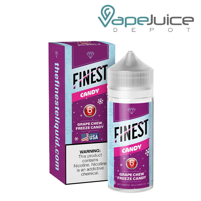 A Box of Grape Chew Freeze Candy The Finest Candy Edition with a warning sign and a 100ml 6mg bottle next to it - Vape Juice Depot