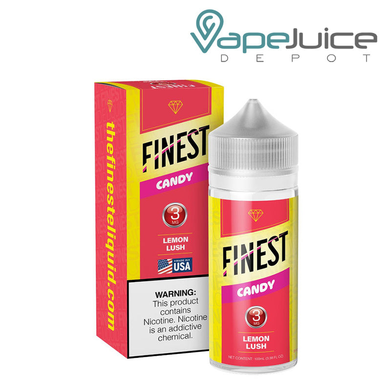 A Box of Lemon Lush The Finest Candy Edition with a warning sign and a 100ml 3mg bottle next to it - Vape Juice Depot