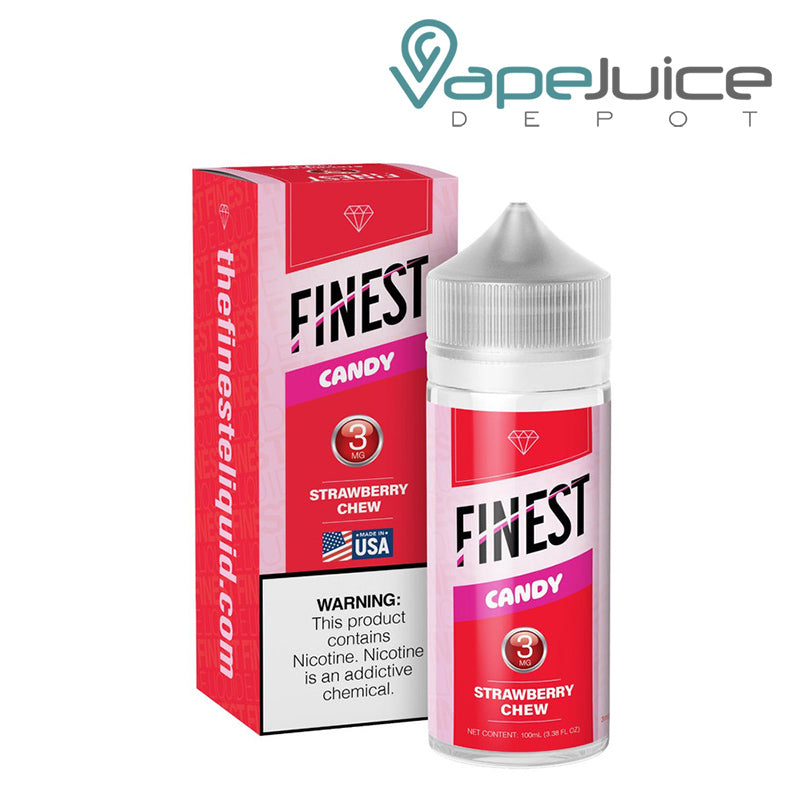 A Box of Strawberry Chew The Finest Candy Edition with a warning sign and a 100ml 3mg bottle next to it - Vape Juice Depot