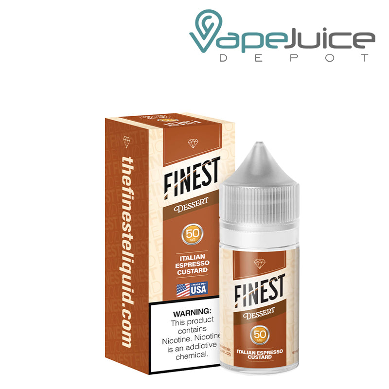 A Box of Italian Espresso Custard The Finest Salt Nic with a warning sign and a 30ml 50mg bottle next to it - Vape Juice Depot