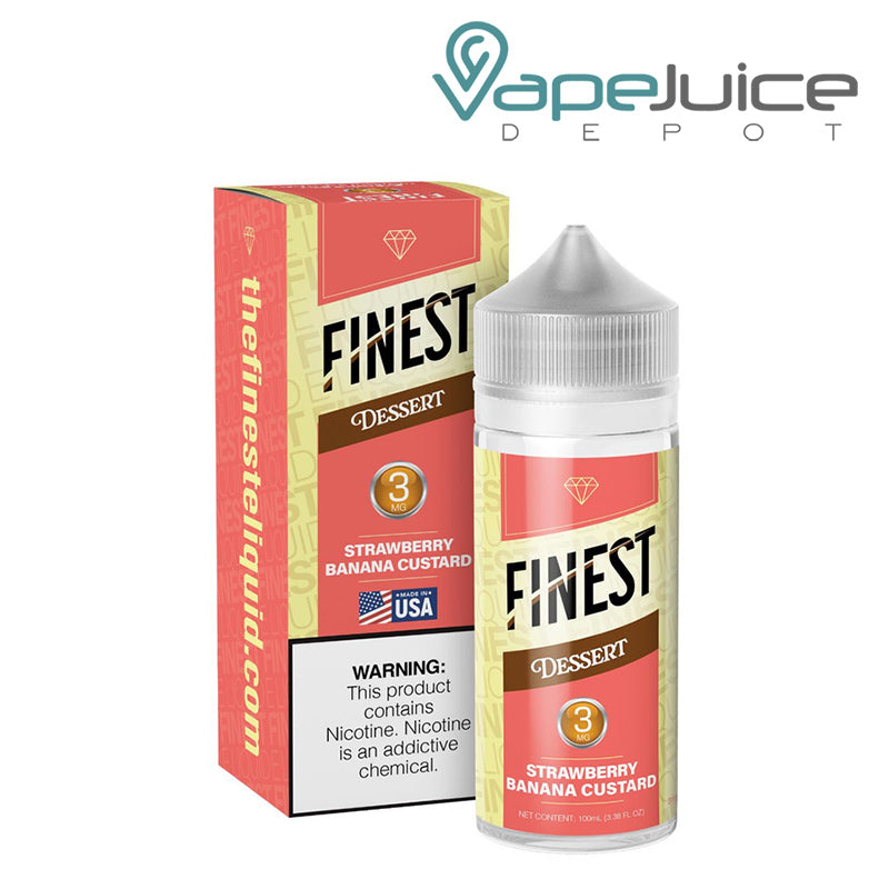 A Box of Strawberry Banana Custard The Finest Dessert Edition with a warning sign and a 100ml 3mg bottle next to it - Vape Juice Depot