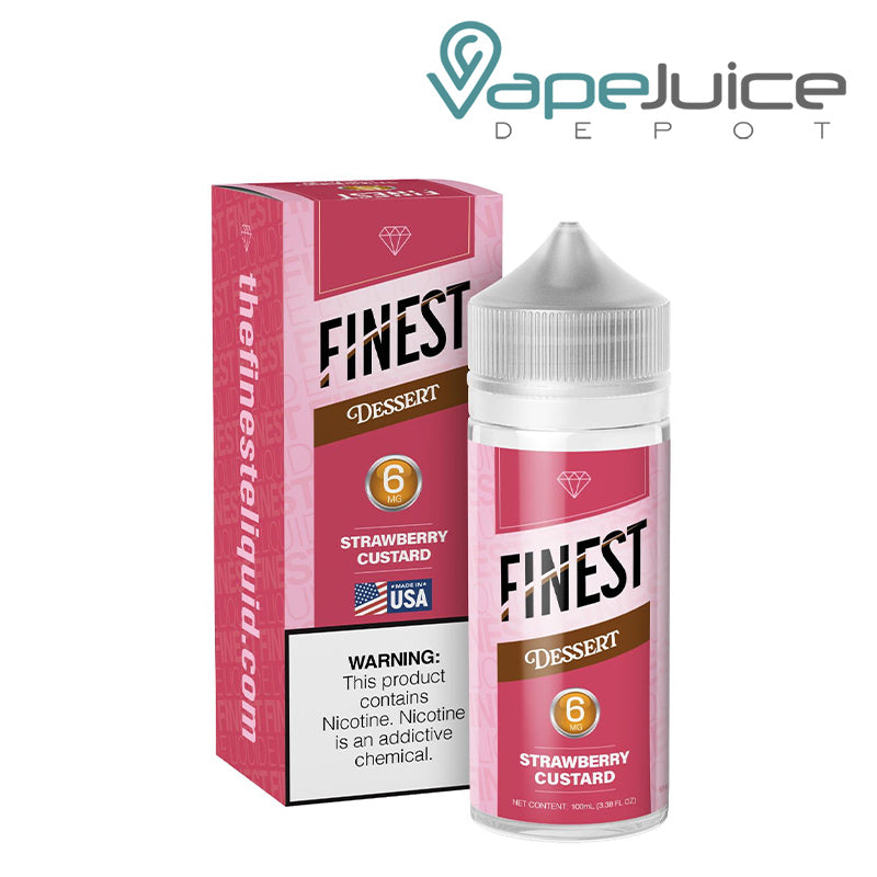 A Box of Strawberry Custard The Finest Dessert Edition with a warning sign and a 100ml 6mg bottle next to it - Vape Juice Depot