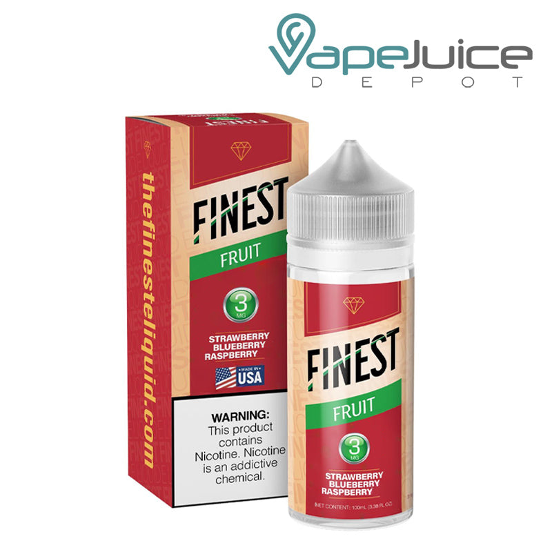A Box of Strawberry Blueberry Raspberry The Finest Fruit Edition with a warning sign and a 100ml 3mg bottle next to it - Vape Juice Depot