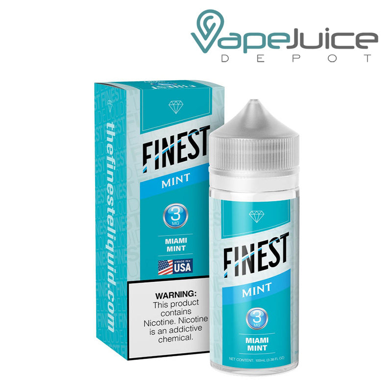 A Box of Miami Mint The Finest Mint Edition with a warning sign and a 100ml 3mg bottle next to it - Vape Juice Depot