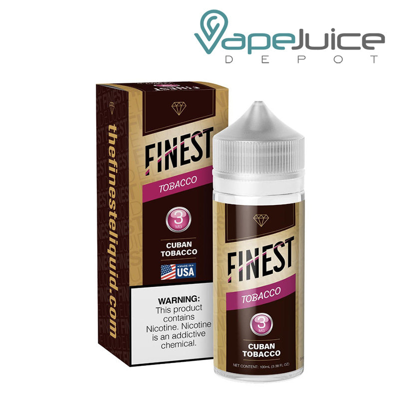 A Box of Cuban Tobacco The Finest Tobacco Edition with a warning sign and a 100ml 3mg bottle next to it - Vape Juice Depot