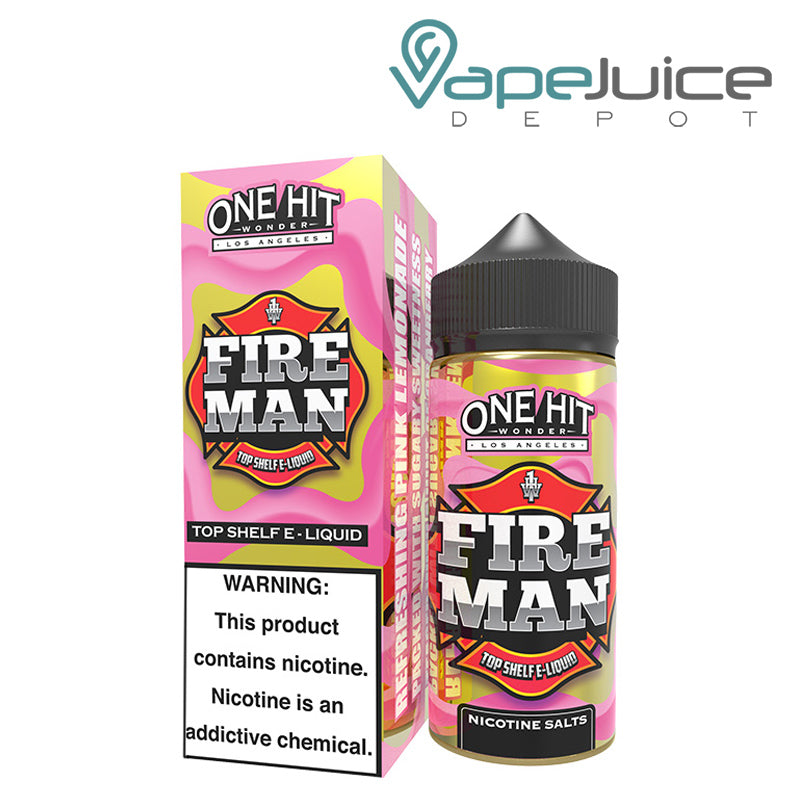 A box of Fire Man One Hit Wonder with a warning sign and a 100ml bottle next to it - Vape Juice Depot